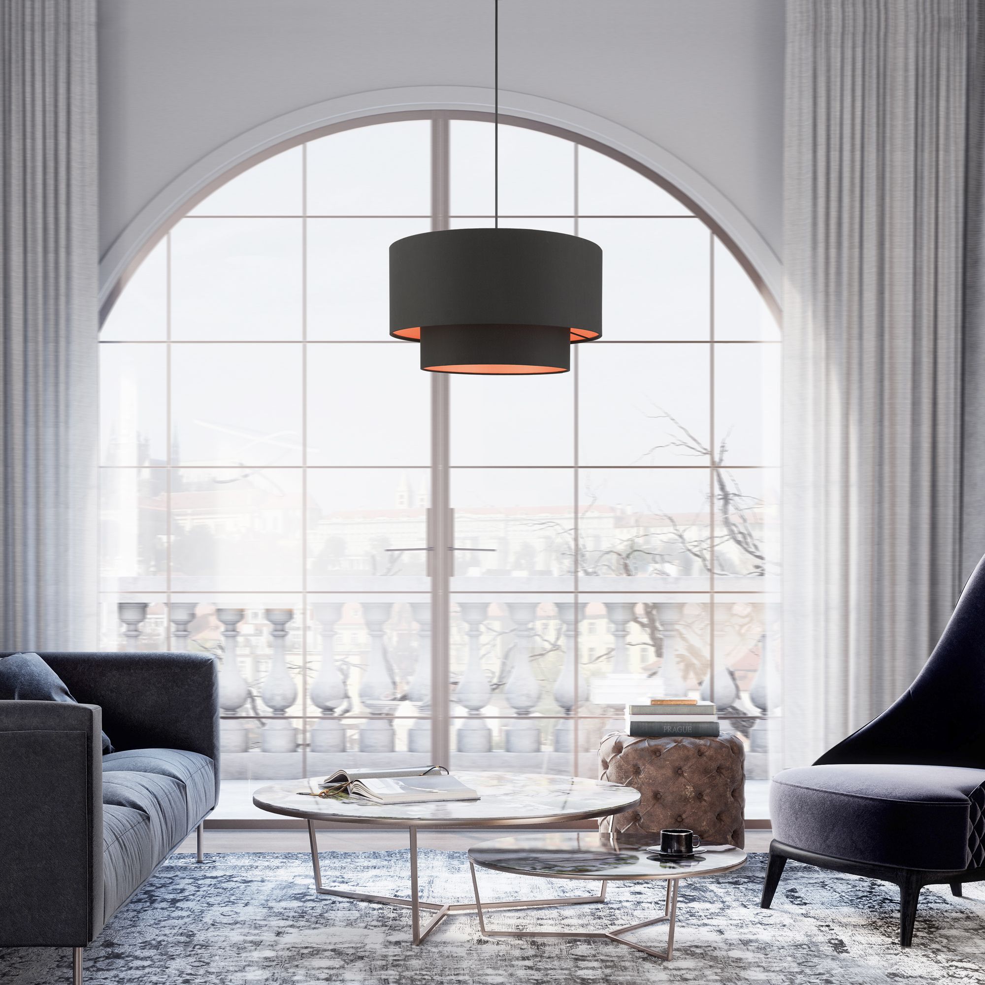 Sentosa 20" Wide Black Double Drum 3-Light Pendant in scene