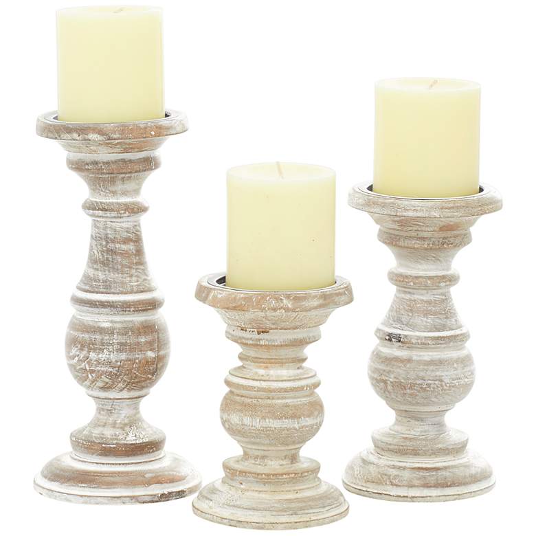 Image 2 Serena Distressed Cream Brown Pillar Candle Holders Set of 3