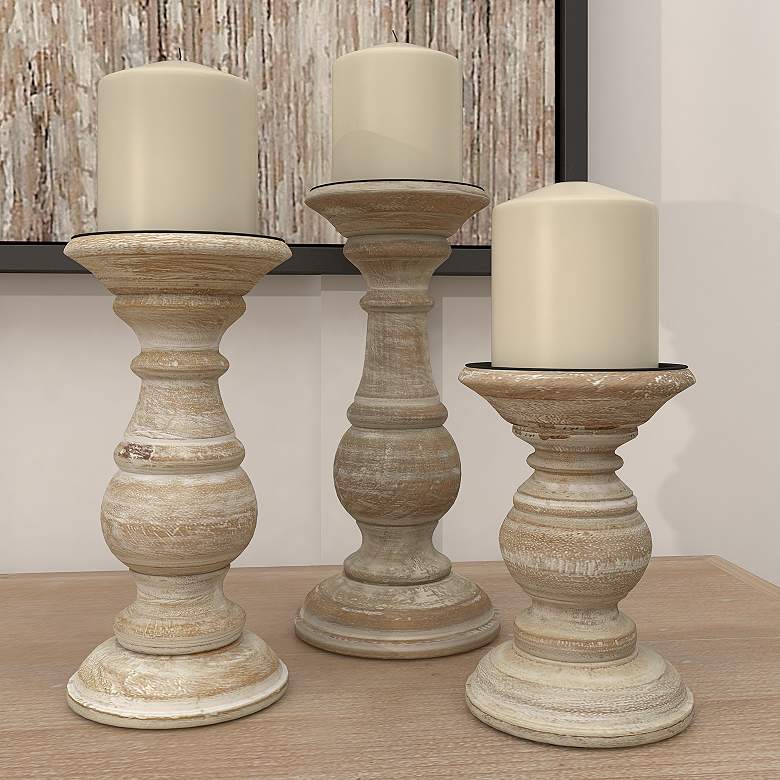 Image 1 Serena Distressed Cream Brown Pillar Candle Holders Set of 3