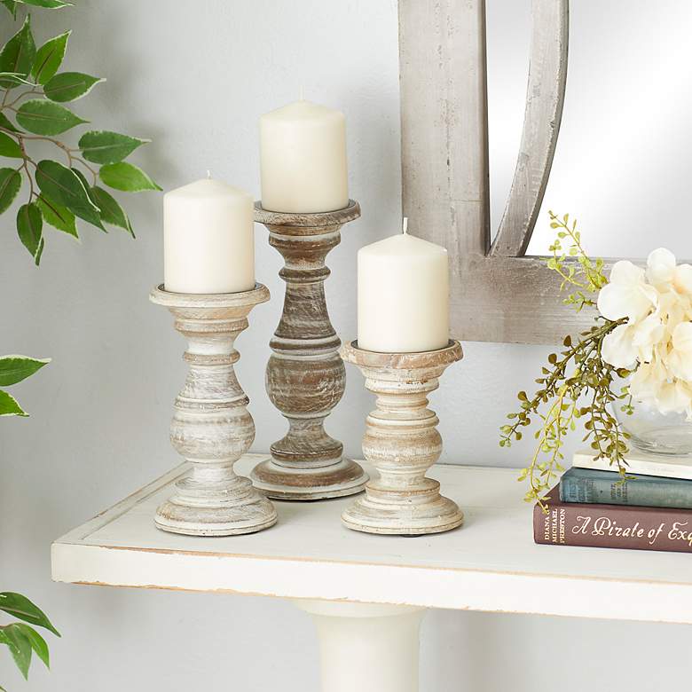 Image 3 Serena Distressed Cream Brown Pillar Candle Holders Set of 3 more views