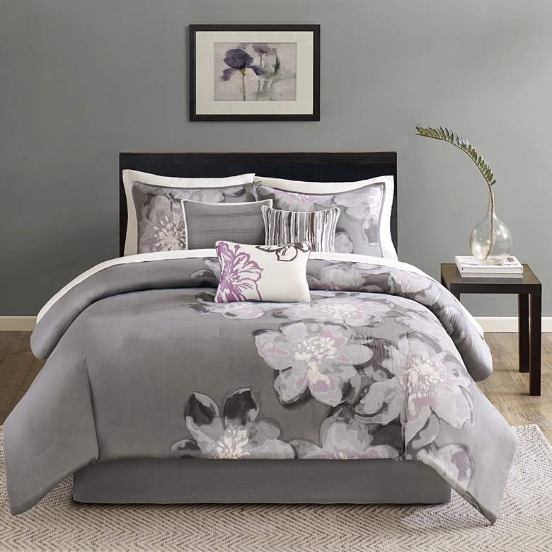 Image 2 Serena Gray Floral Queen 7-Piece Comforter Set