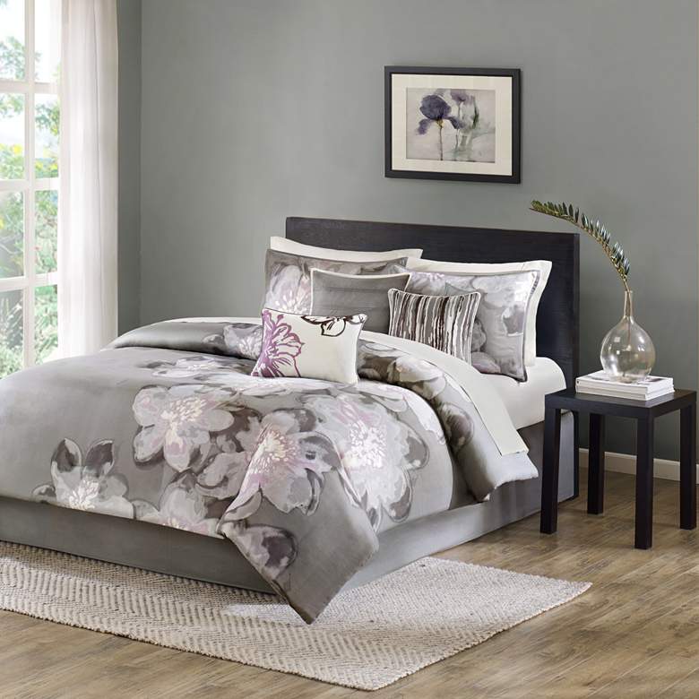 Image 1 Serena Gray Floral Queen 7-Piece Comforter Set