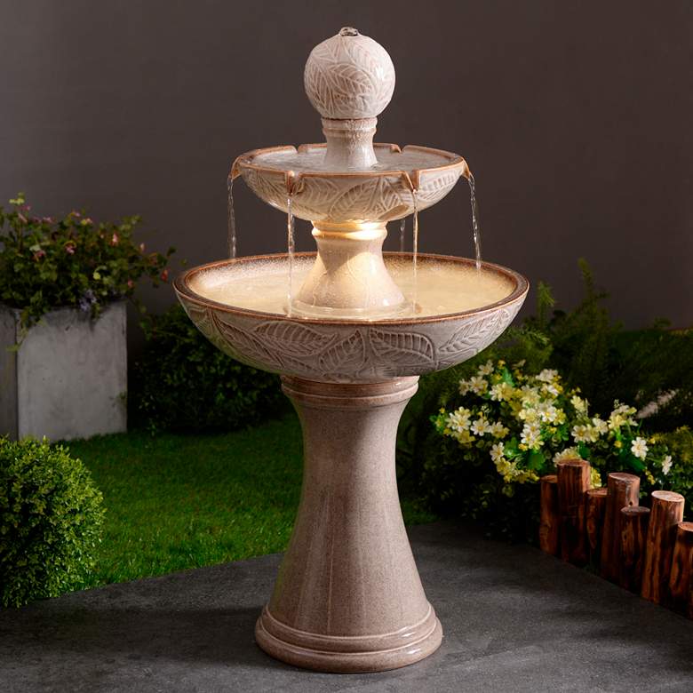 Image 1 Serene 38 inch High Ivory Ceramic 2-Tier LED Garden Patio Water Fountain
