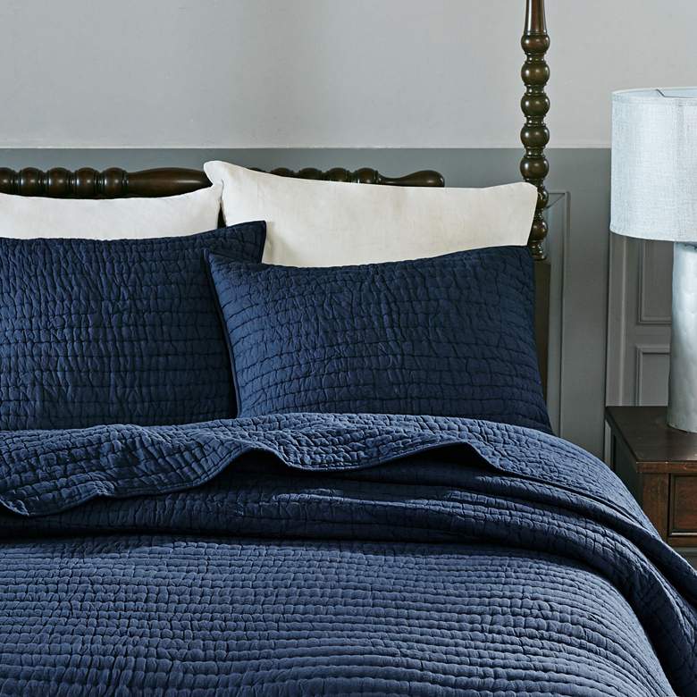 Image 3 Serene Cotton Blue 3-Piece Full/Queen Coverlet Set more views