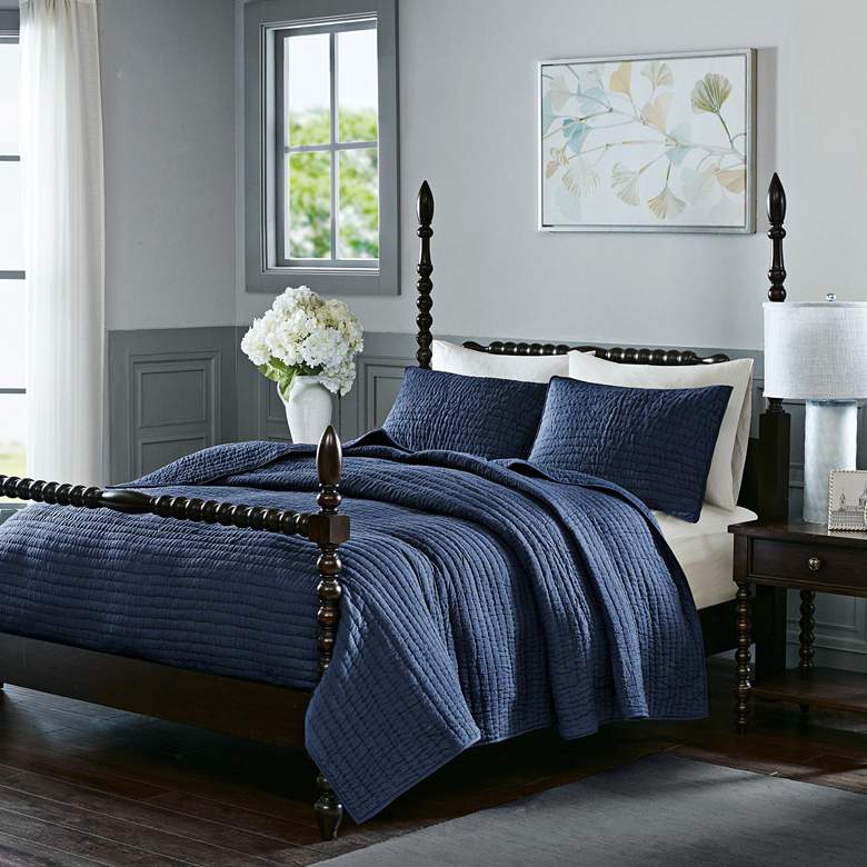 Image 6 Serene Cotton Blue 3-Piece Full/Queen Coverlet Set more views
