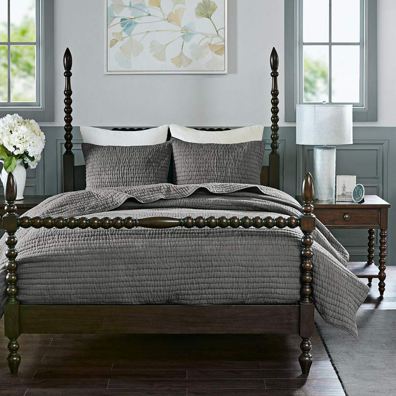 Image 1 Serene Cotton Gray 3-Piece Full/Queen Coverlet Set