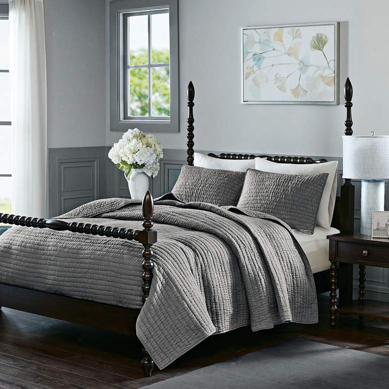 Image 6 Serene Cotton Gray 3-Piece Full/Queen Coverlet Set more views