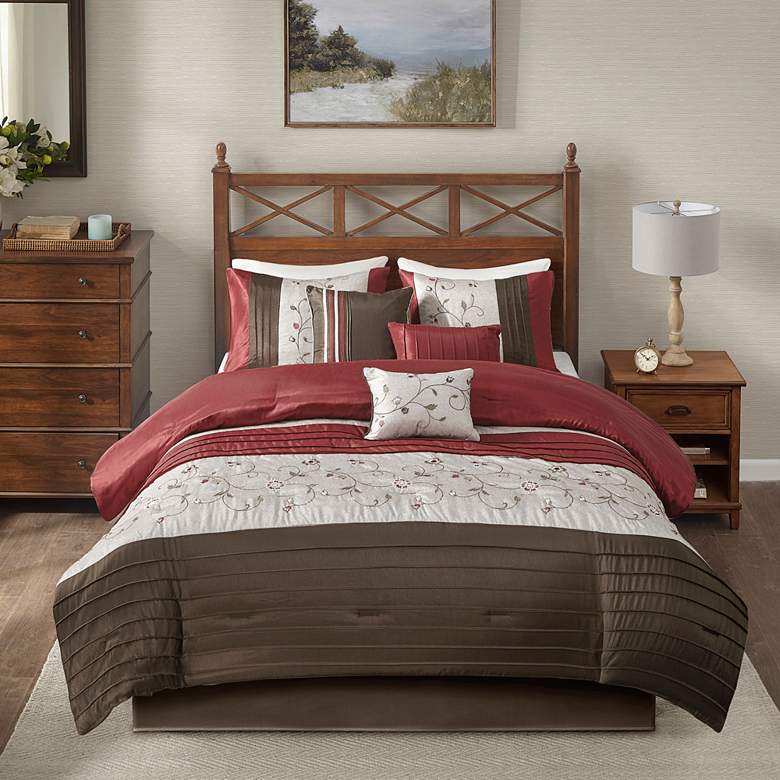 Image 2 Serene Red Pieced Queen 7-Piece Comforter Set