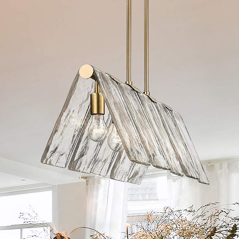 Image 1 Serenity 37 3/4" Modern Brass 5-Light Linear Pendant With Hammered Gla