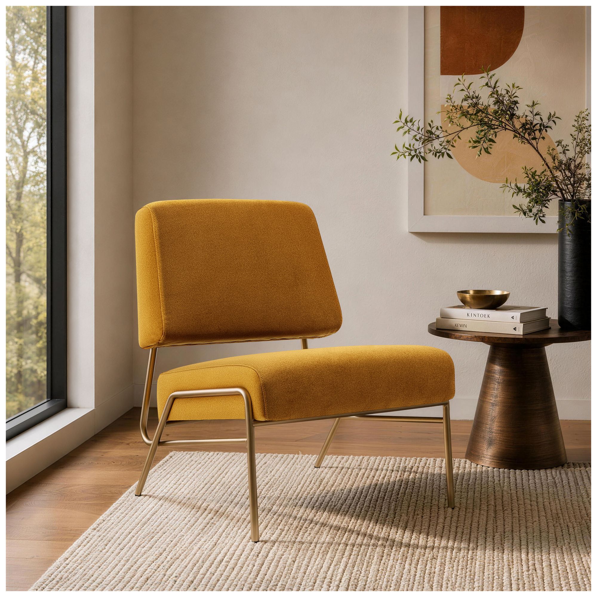 Image 2 Serenity Contemporary Modern Metal Upholstered Lounge Chair in Mustard more views
