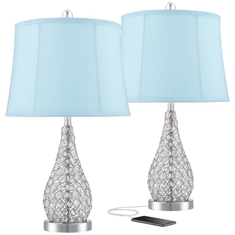 Image 1 Sergio Chrome Blue Softback Shade USB Accent Table Lamps