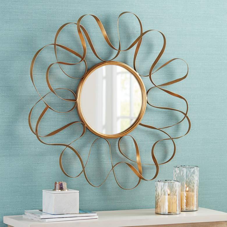 Image 1 Serra Gold Waves 34 1/2 inch Round Oversize Metal Wall Mirror