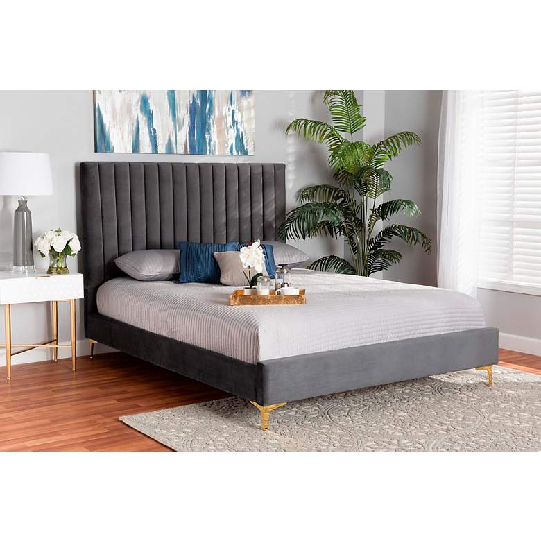 Image 1 Serrano Gray Velvet Fabric Tufted Full Platform Bed
