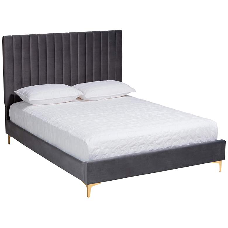 Image 2 Serrano Gray Velvet Fabric Tufted Queen Size Platform Bed