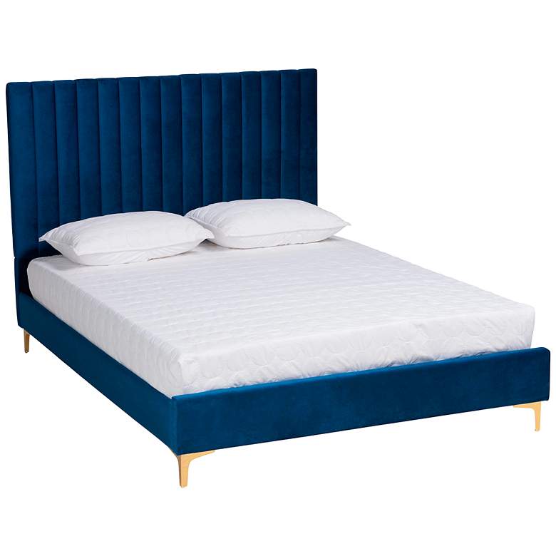 Image 2 Serrano Navy Blue Velvet Fabric Tufted Full Platform Bed