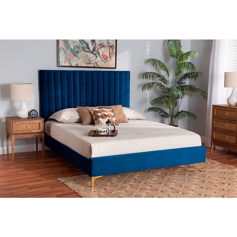 Image 1 Serrano Navy Blue Velvet Fabric Tufted Full Platform Bed