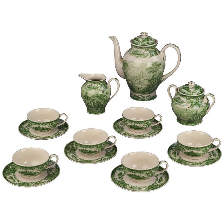 Image 1 Set of 15 Green and White Porcelain Tea Set