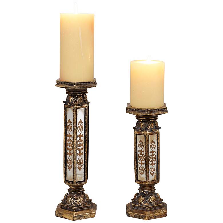 Image 1 Set of 2 Antique Gold Mirrored Candle Holders