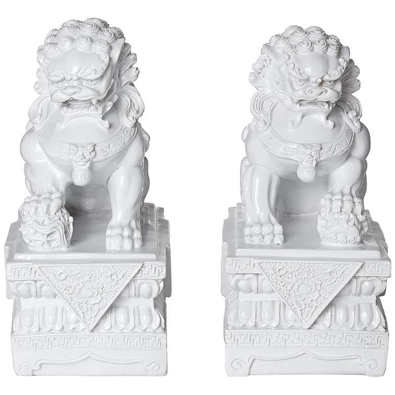 Image 1 Set of 2 Asian Foo Dog 9 inch High Sculptures in White