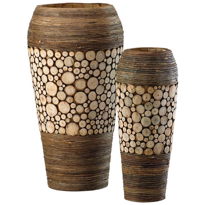 Image 1 Set of 2 Birch and Walnut Wood Slice Oblong Vases