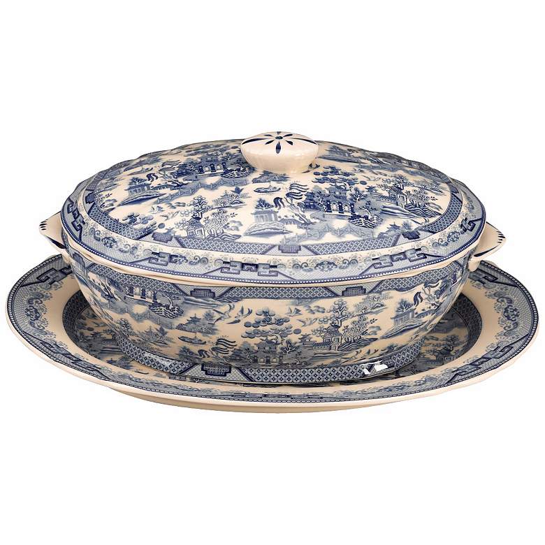 Image 1 Set of 2 Blue and White Porcelain Tureen with Platter