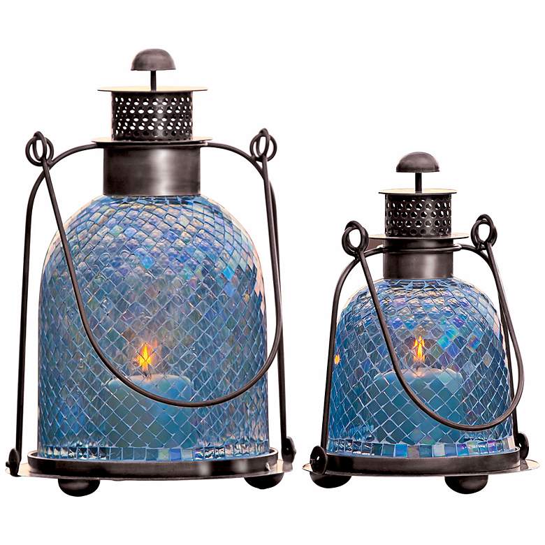Image 1 Set of 2 Blue Mosaic Glass Candle Lanterns