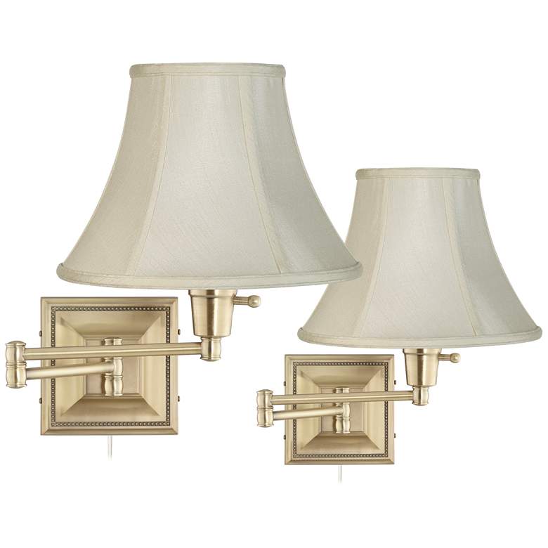 Image 1 Set of 2 Brass Finish Creme Shade Swing Arm Wall Lamps