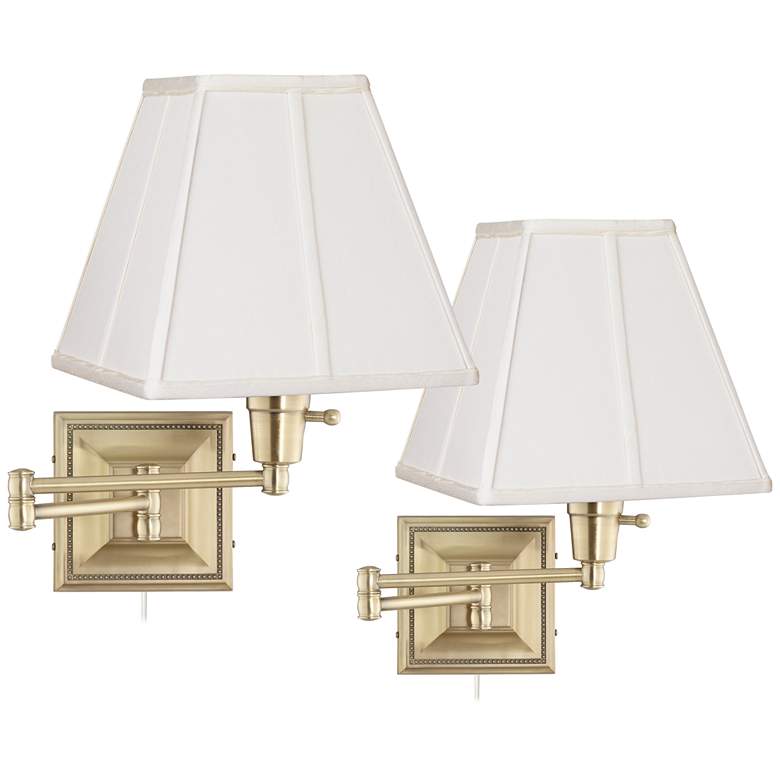 Image 1 Set of 2 Brass Finish Ivory Shade Swing Arm Wall Lamps