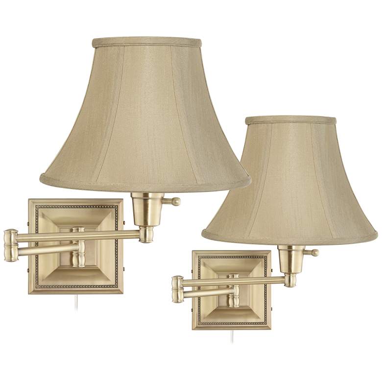 Image 1 Set of 2 Brass Finish Taupe Bell Swing Arm Wall Lamps