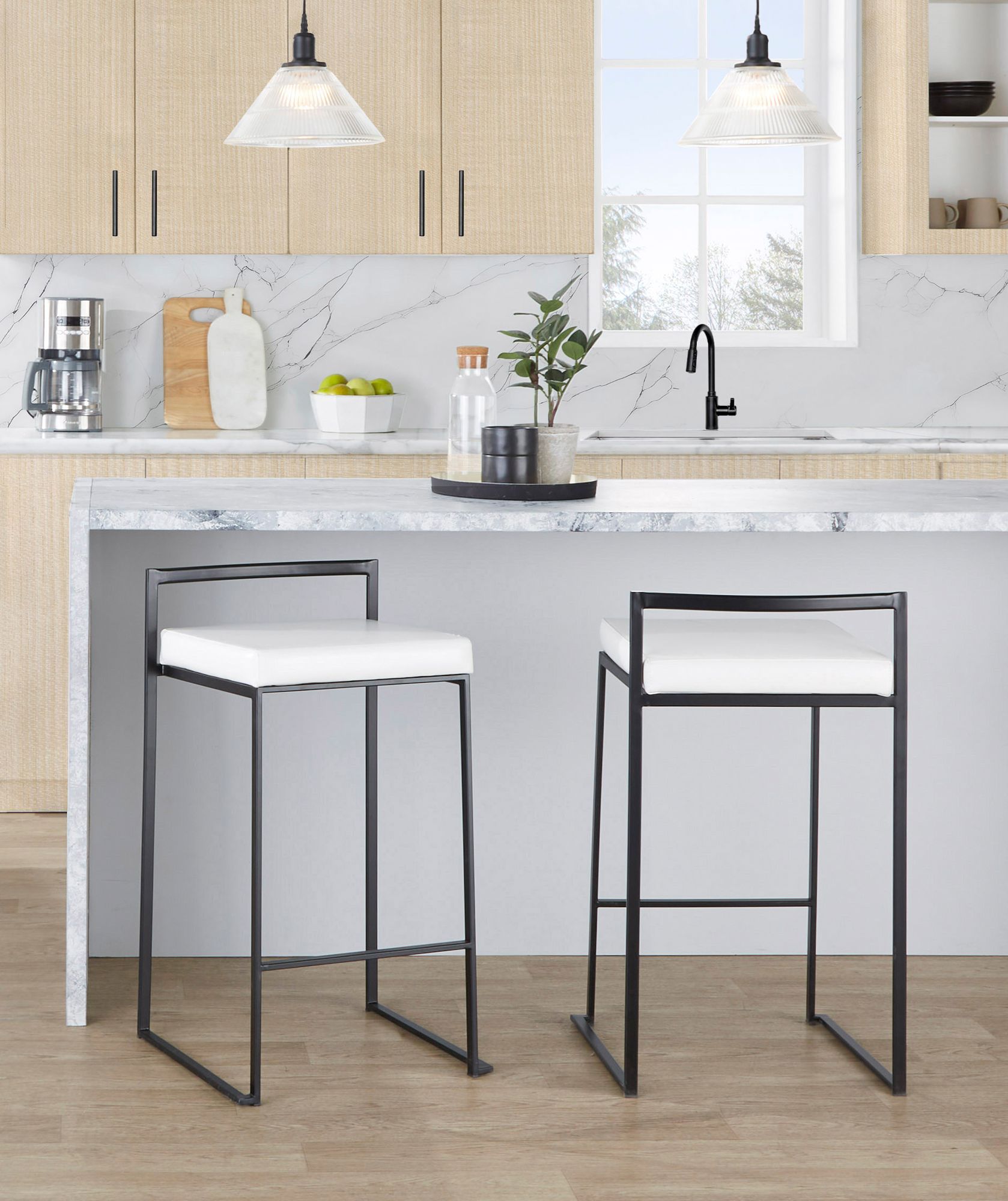 Set of 2 Fuji Counter Stool Black with White PU Cushion by LumiSource