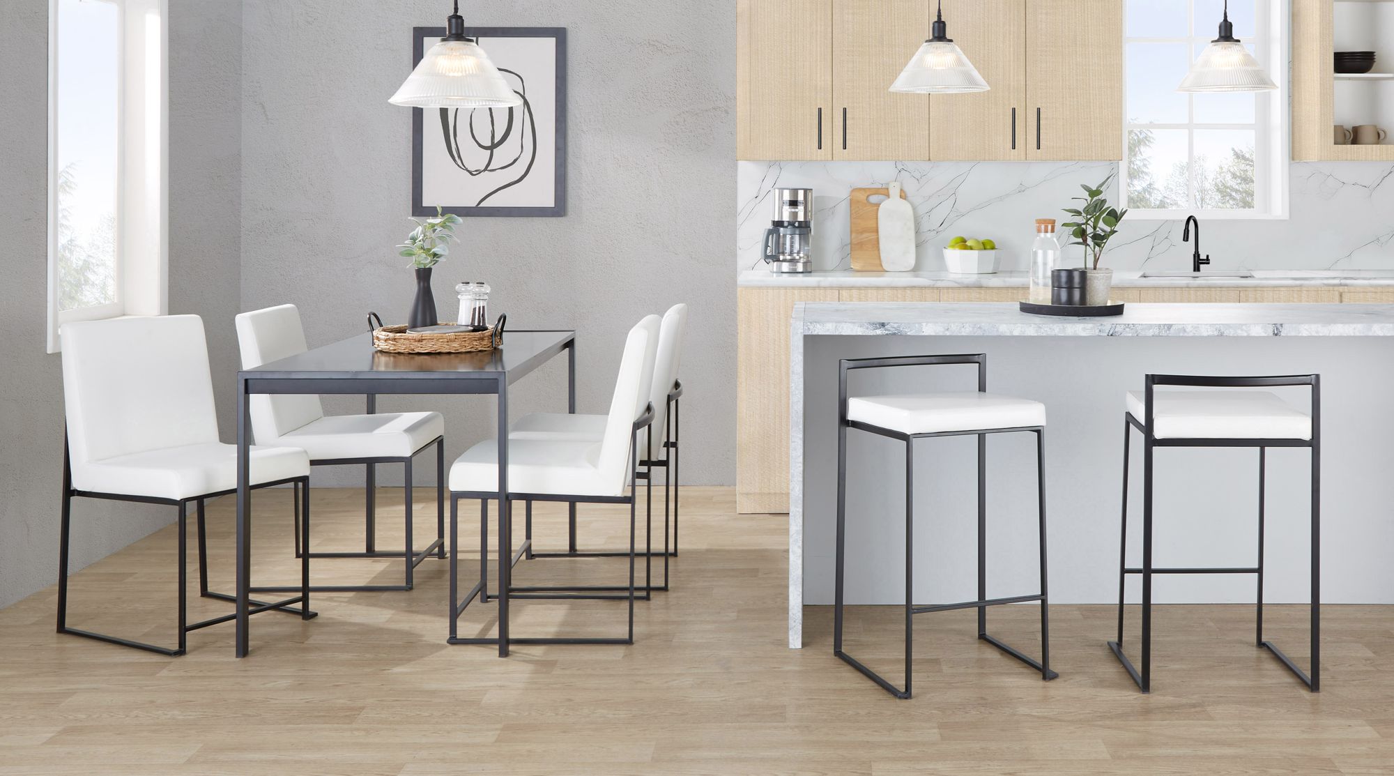 Set of 2 Fuji Counter Stool Black with White PU Cushion by LumiSource