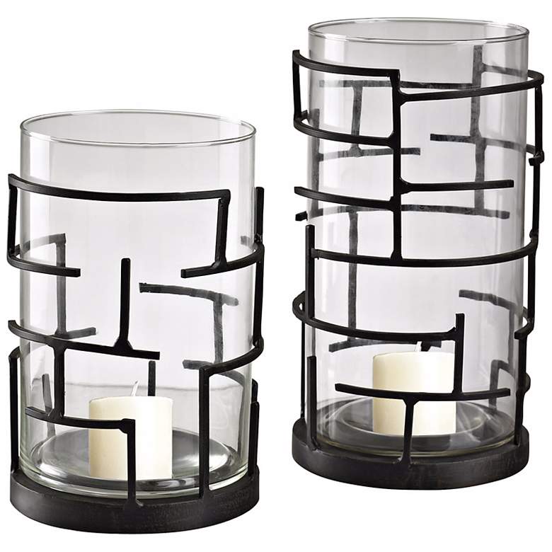 Image 1 Set of 2 Glass and Iron Hurricane Lanterns