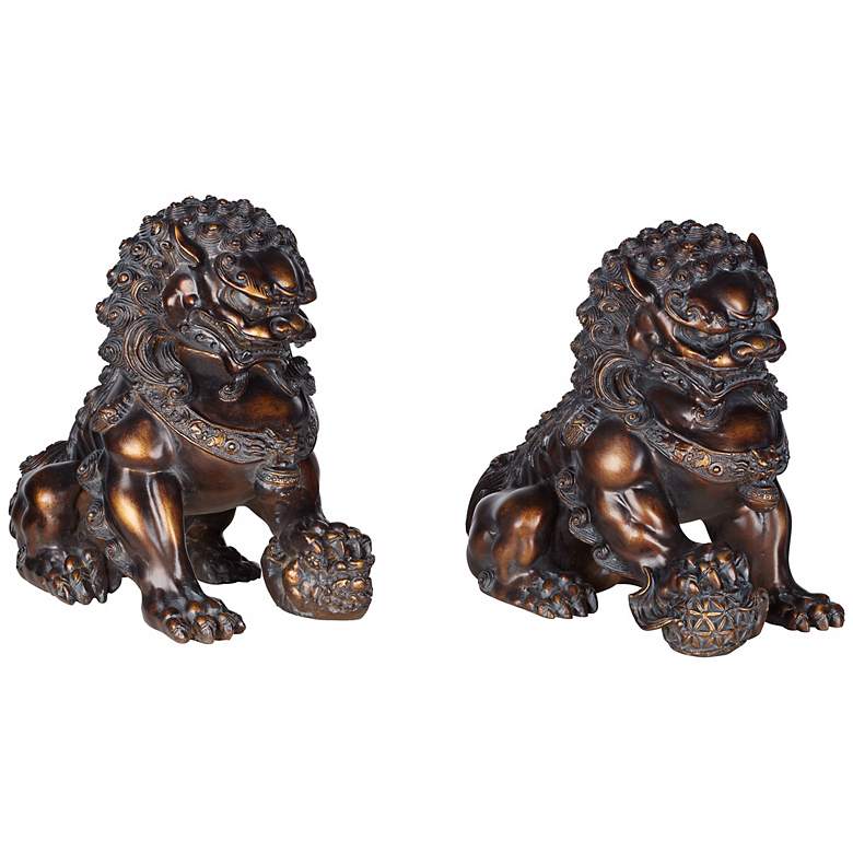 Image 1 Set of 2 Large Bronze 11 3/4 inch Wide Asian Foo Dog Sculptures