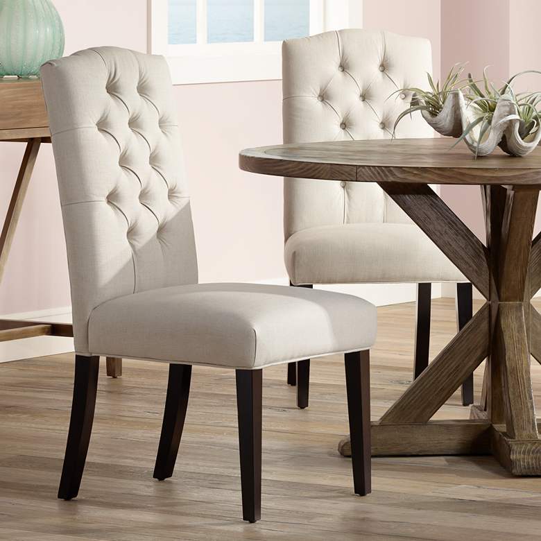Image 1 Set of 2 Natural Linen Button Tufted Dining Chairs