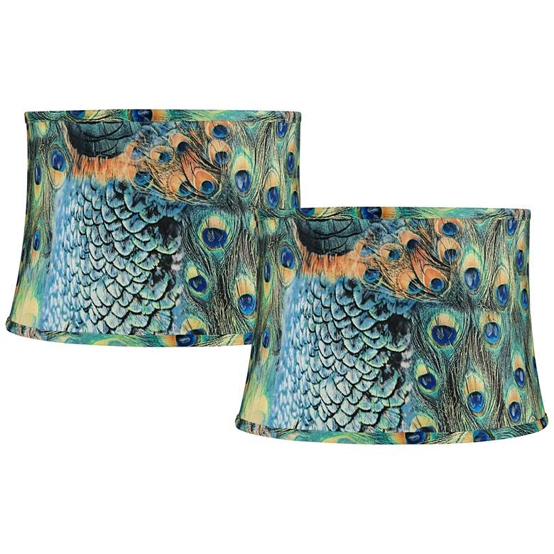 Image 1 Set of 2 Peacock Print Drum Lamp Shades 14x16x11 (Spider)