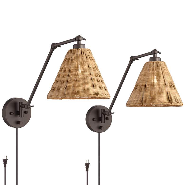 Image 2 Set of 2 Rowlett Bronze Rattan Shade Plug-In Wall Lamps