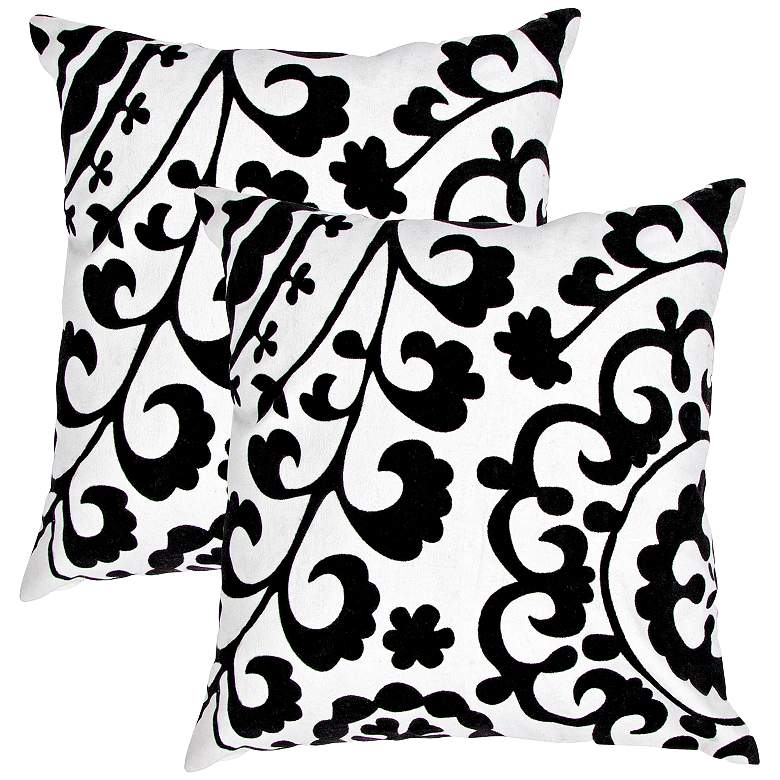 Image 1 Set of 2 Suzani Textural Black on Nat White 18 inch Throw Pillow