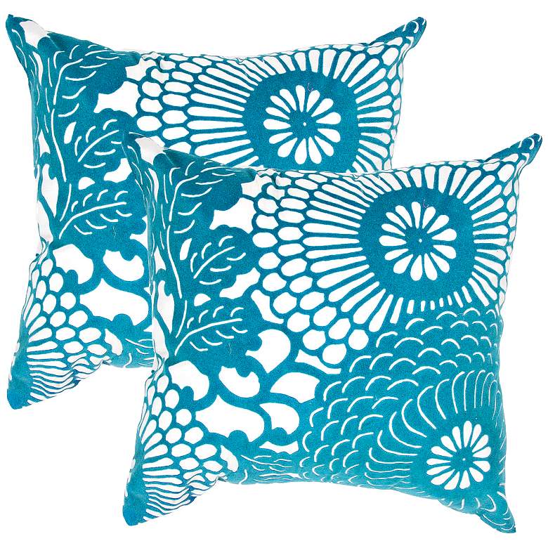 Image 1 Set of 2 Textural Cream and Teal Blue 18 inch Throw Pillows