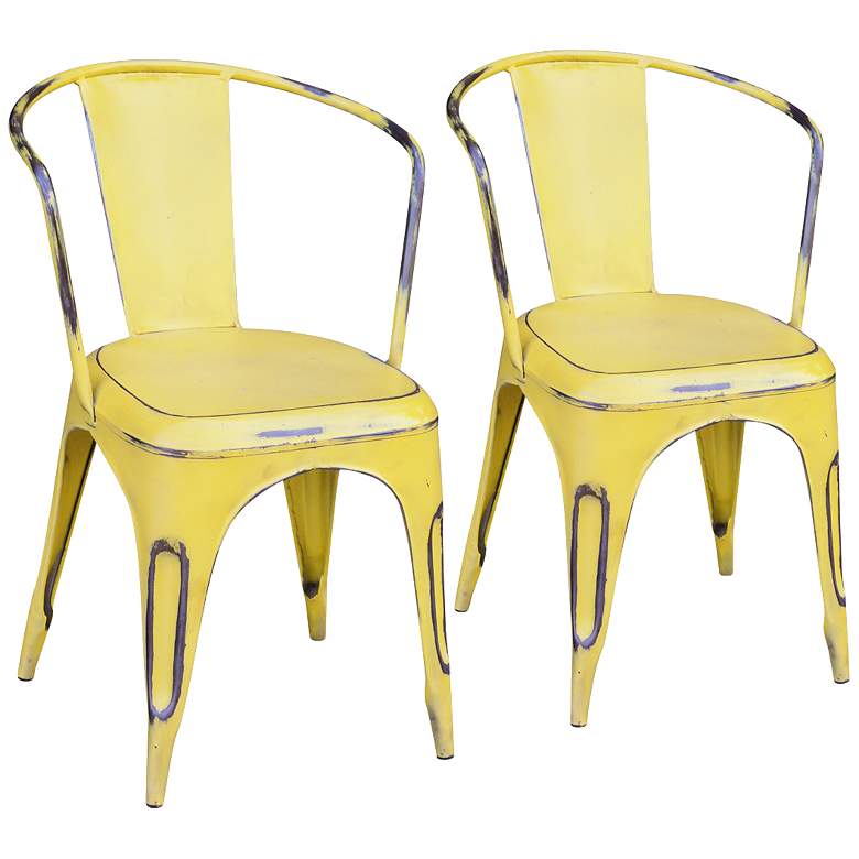 Image 1 Set of 2 Weathered Yellow Metal Dining Chairs