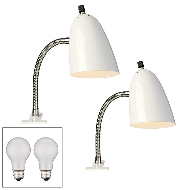 Image 1 Set of 2 White Gooseneck Headboard Clip Lamps with LED Bulbs