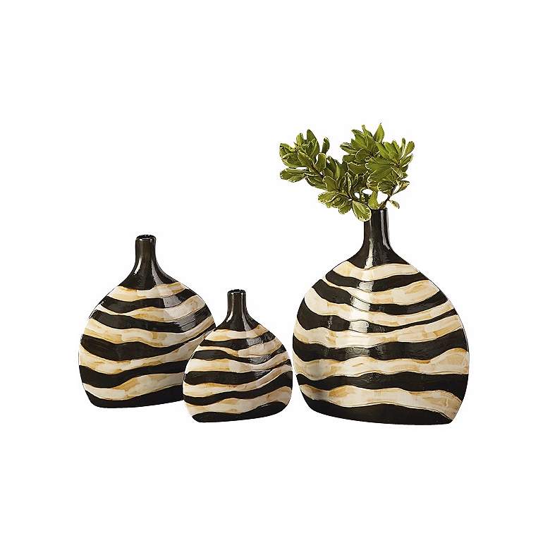 Image 1 Set of 3 Black and Cream Zebra Striped Vases
