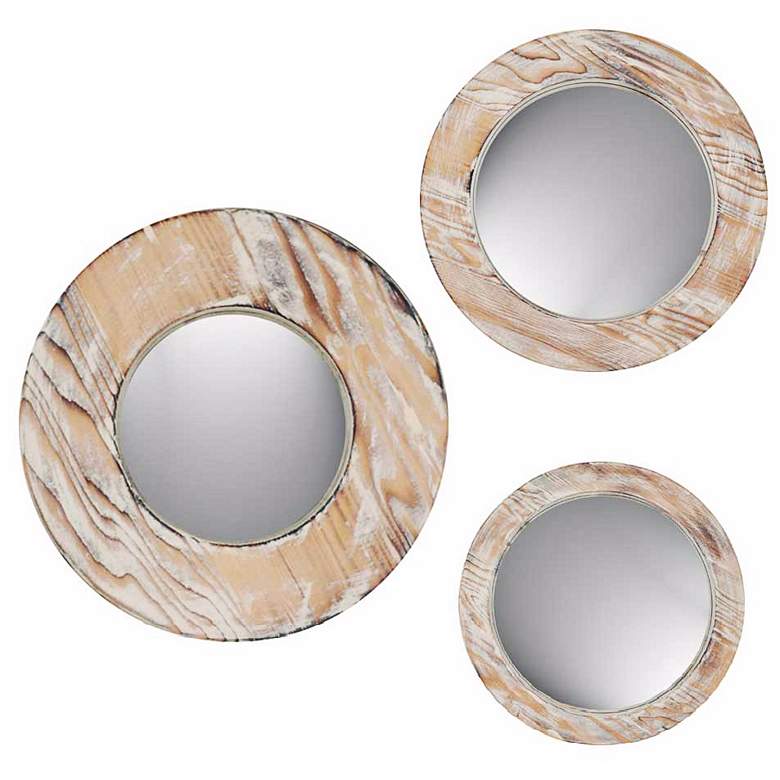 Image 1 Set of 3 Decorative Round Washed Wood Wall Mirrors