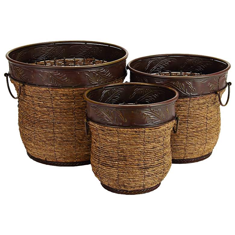 Image 1 Set of 3 Metal and Wicker Planters