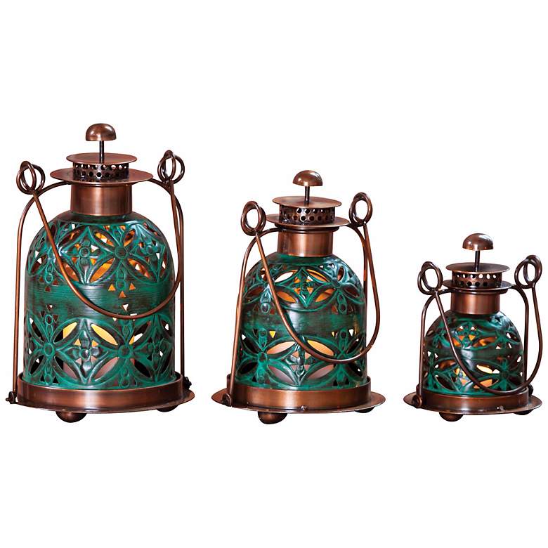 Image 1 Set of 3 Pierced Floral Aged Verde Candle Lanterns