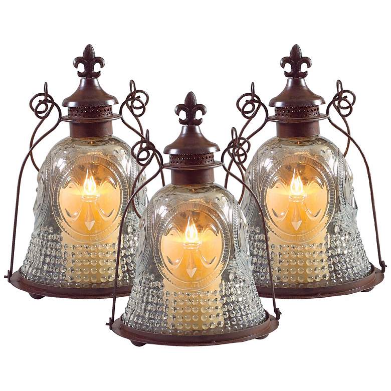 Image 1 Set of 3 Vintage Style Fleur-de-Lis Candle Lanterns