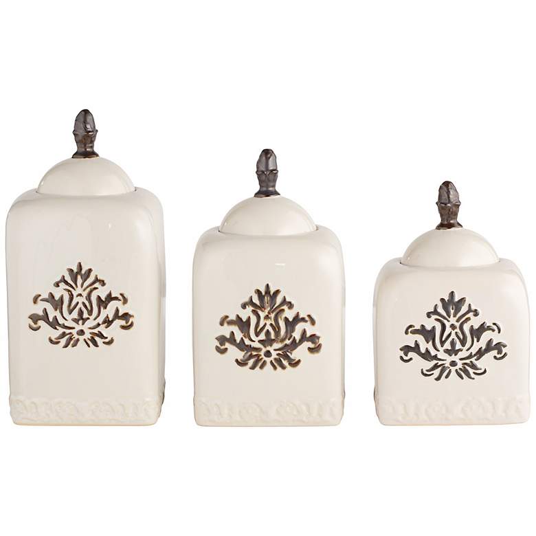 Image 1 Set of 3 White Ceramic Canisters With Floral Detailing