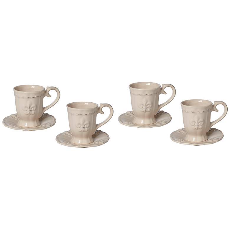 Image 1 Set of 4 Ivory Fleur-de-Lis Tea Cups and Saucers