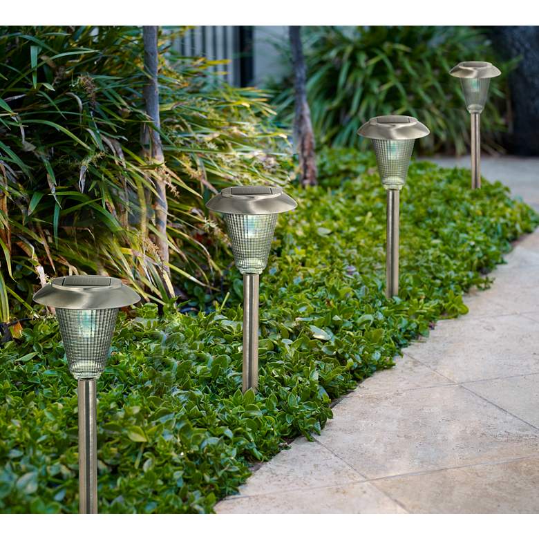 Image 1 Set of 4 Steel Finish 5" Wide Solar LED Landscape Lights