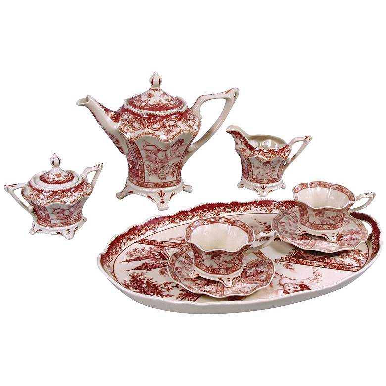 Image 1 Set of 8 Red and White Porcelain Tea