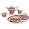 Set of 8 Red and White Porcelain Tea